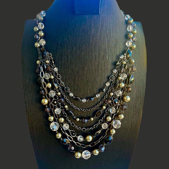 Multi-Layered Black Gunmetal & Silver Multi-strand Beaded Waterfall Necklace - Picture 1 of 12